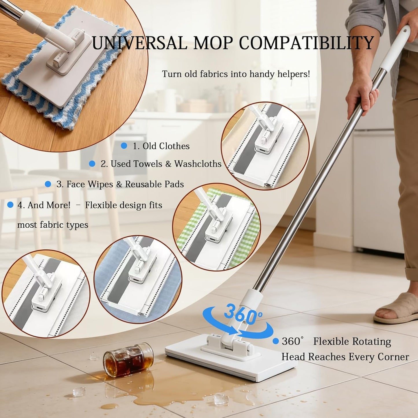 Quick Grip Mini Mop, Zero Touch MiniMop, Disposable Clip Mopstick Reusable Cloths, Retractable Gap Dust Cleaner Flat Mops with Locking Head & Sweeping Cloths (1*mop+10*Cloth)