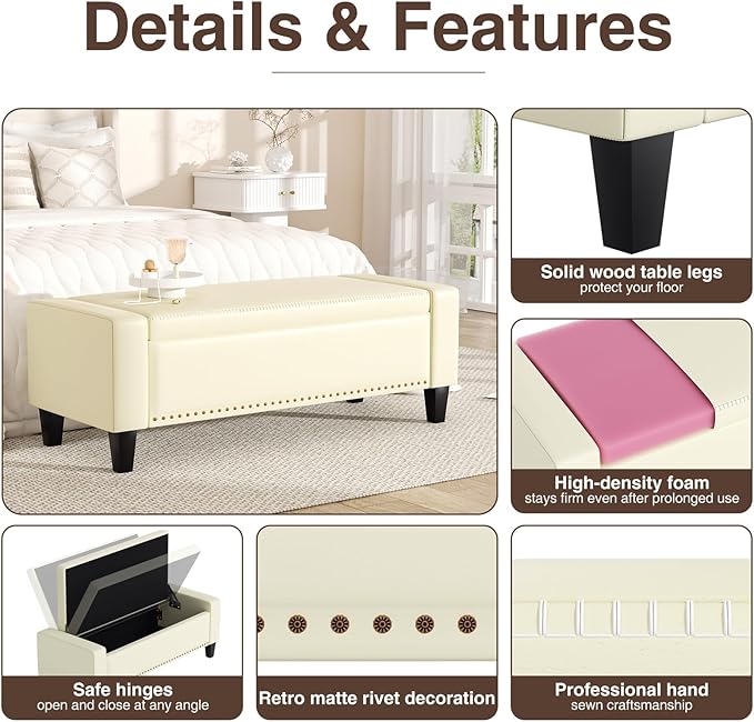 48.8" Storage Ottoman Bench Cream White | Faux Leather Bedroom Bench - Image 5