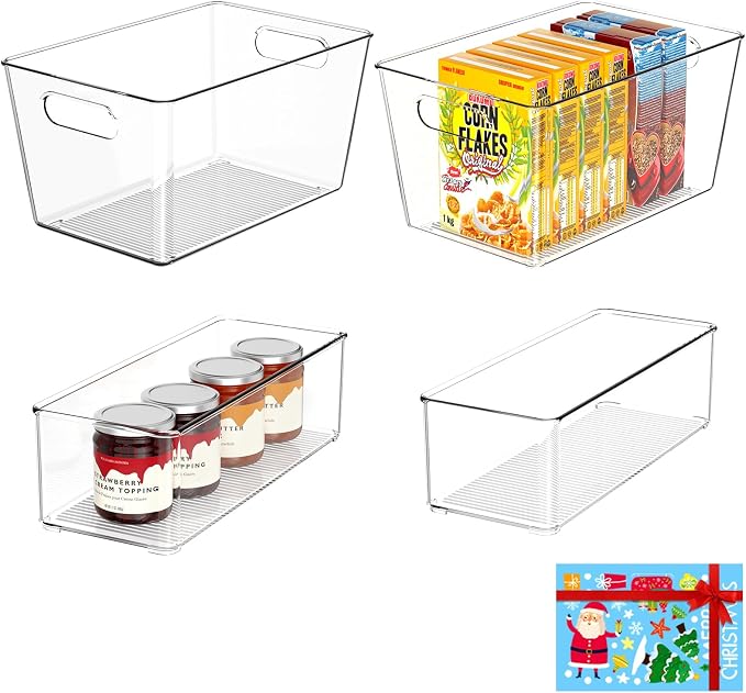 Set of 4 Clear Plastic Storage Bins, 2 Large +2 Small Pantry Organizers and by JOYMEEZO
