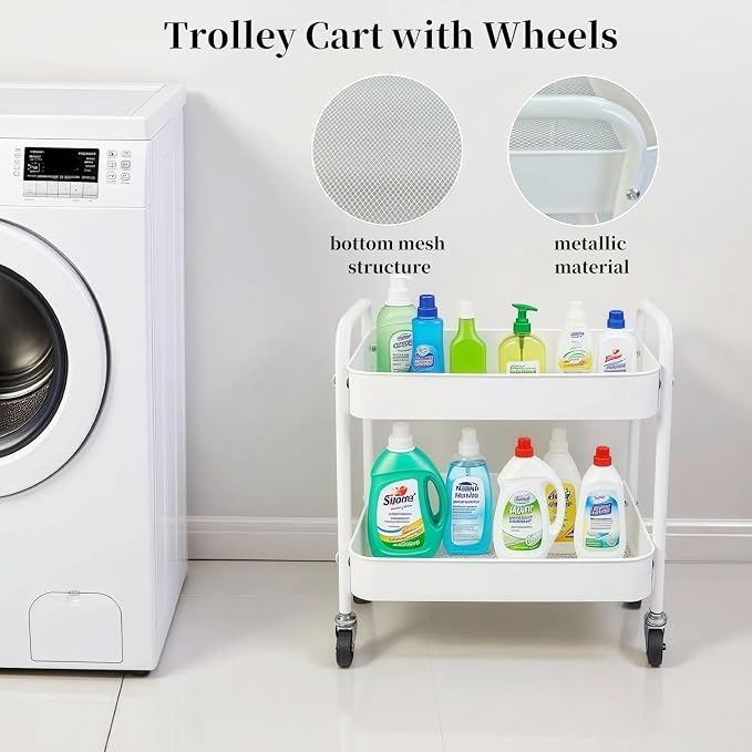 2 Tier Metal Rolling Cart with Wheels - Image 3