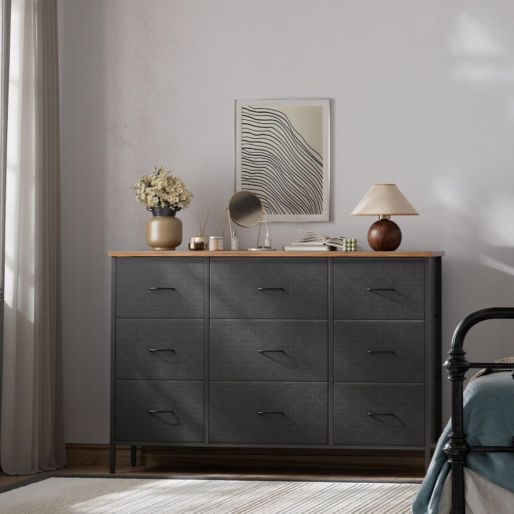 VASICAR Wide TV Stand for Bedroom, Black Dresser with 9 Deep Drawers
