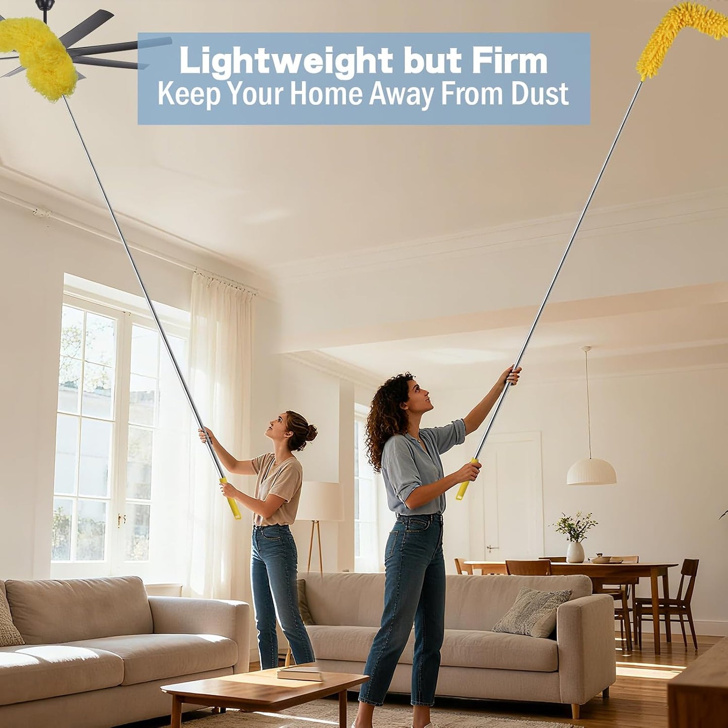 Dymoll Cobweb Duster with Extension Pole, 110" Microfiber Feather Duster Kit with Bendable Washable Heads, Spider Web Brush, Dusters for Cleaning Ceiling Fan, High Ceiling, Blinds, Furniture,2Pcs