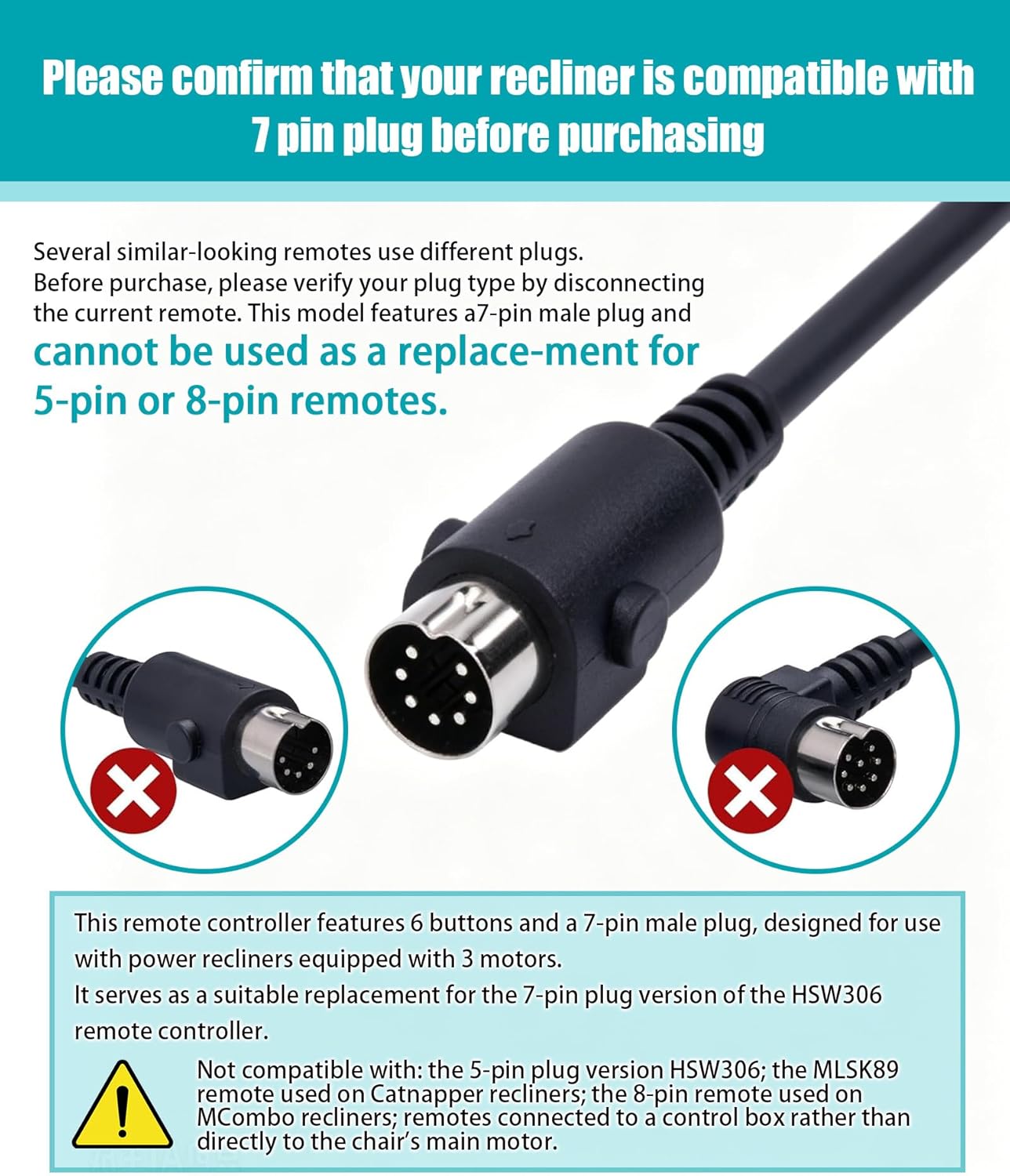 HSW306 Conpatible 6 Button 7 Pin Remote Controller Replacement for Power Recliner(Version A)