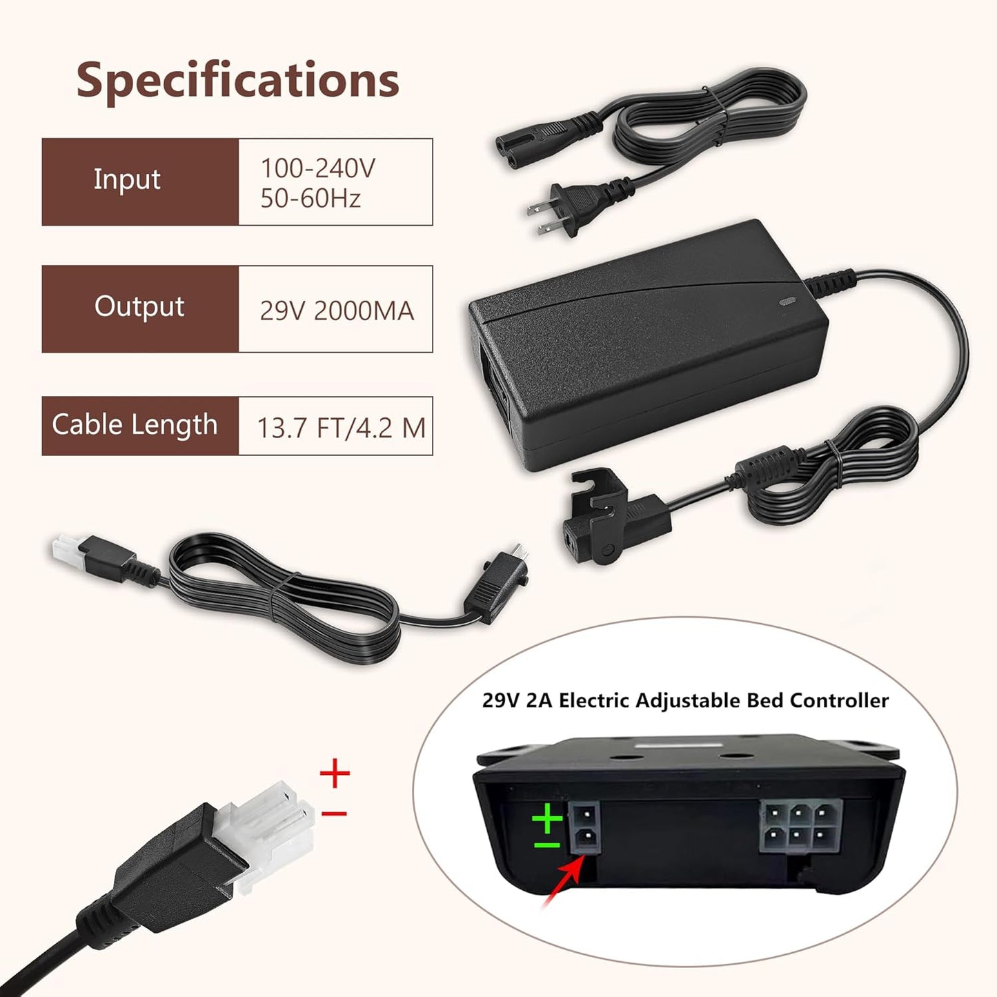 Adjustable Bed Parts Replacement Switching Power Supply, 29v Adjustable Bed Base Recliner Power Supply Compatible for Ergo, Extend, Sealy Ease, Electric Bed Replacement Parts, 13.7 FT Cord