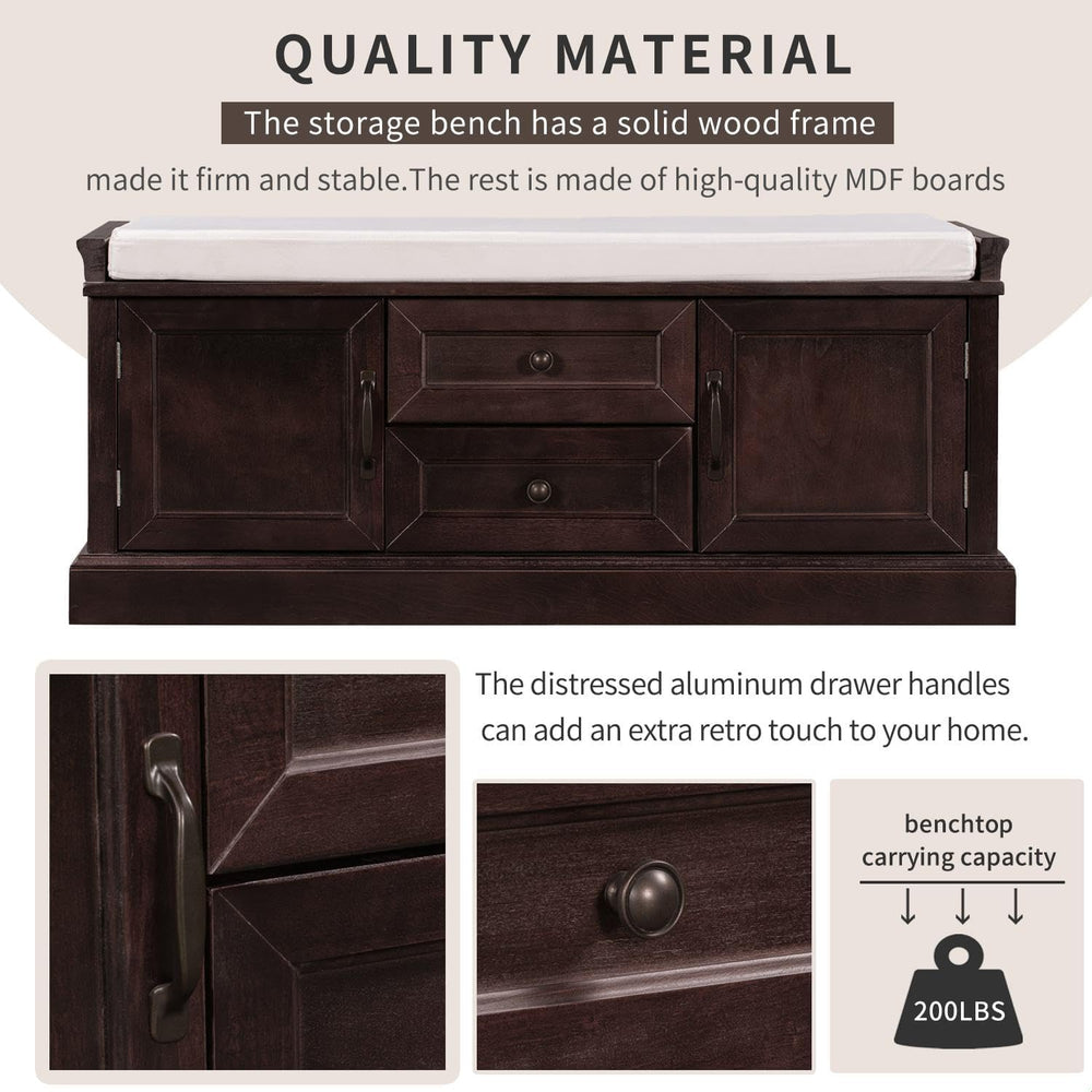 GDFStudio Rustic Storage Bench with 4 Doors 2 Draws Adjustable Shelves Remova...