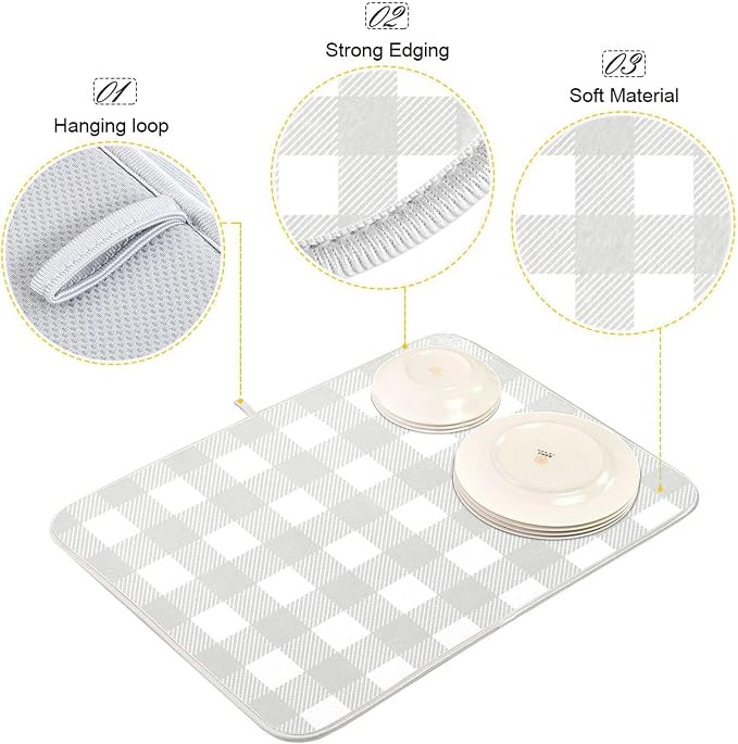 Buffalo Plaid Gray White Dish Drying Mat - Image 4
