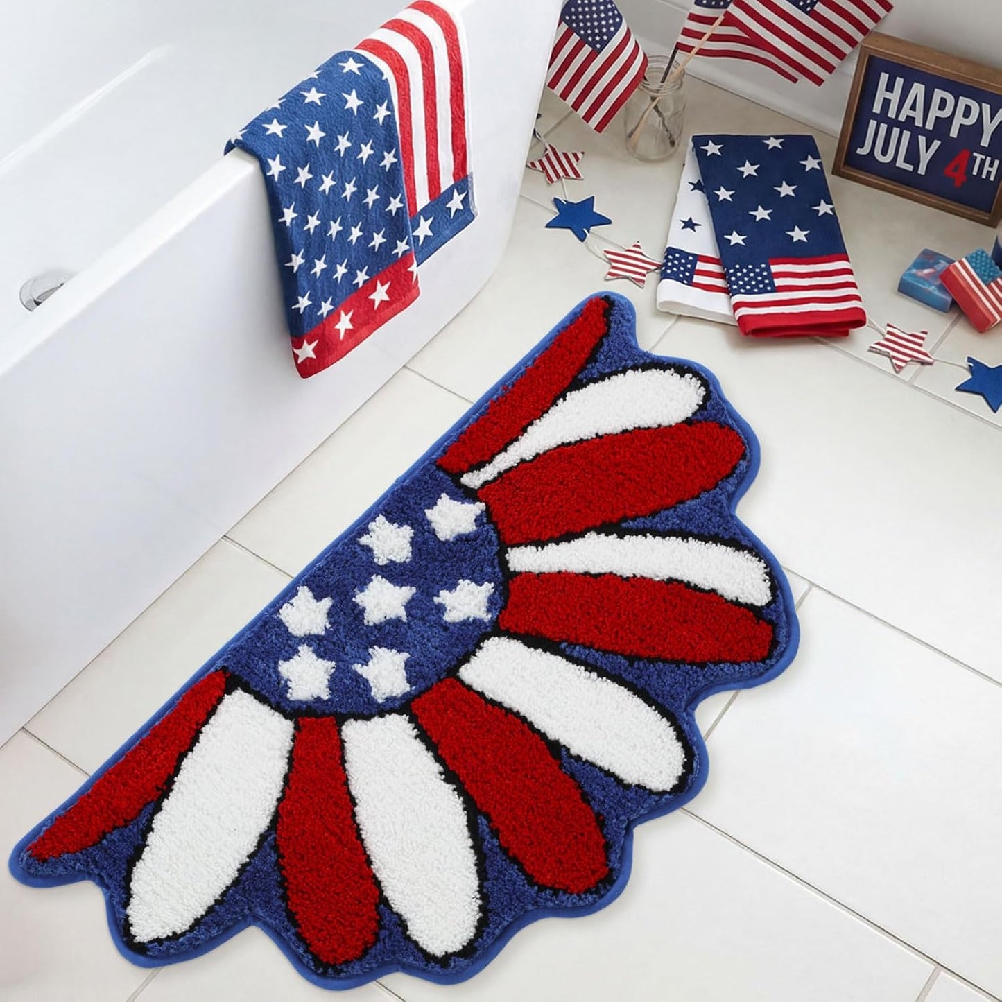 Moutina Memorial Day Daisy Floral Bath Mat 16x30 Inch, Soft and Absorbent Tufted 4th of July Bathroom Rug Non Slip Washable, Patriotic Bathroom Decor Half Circle Rug Holiday Decorations