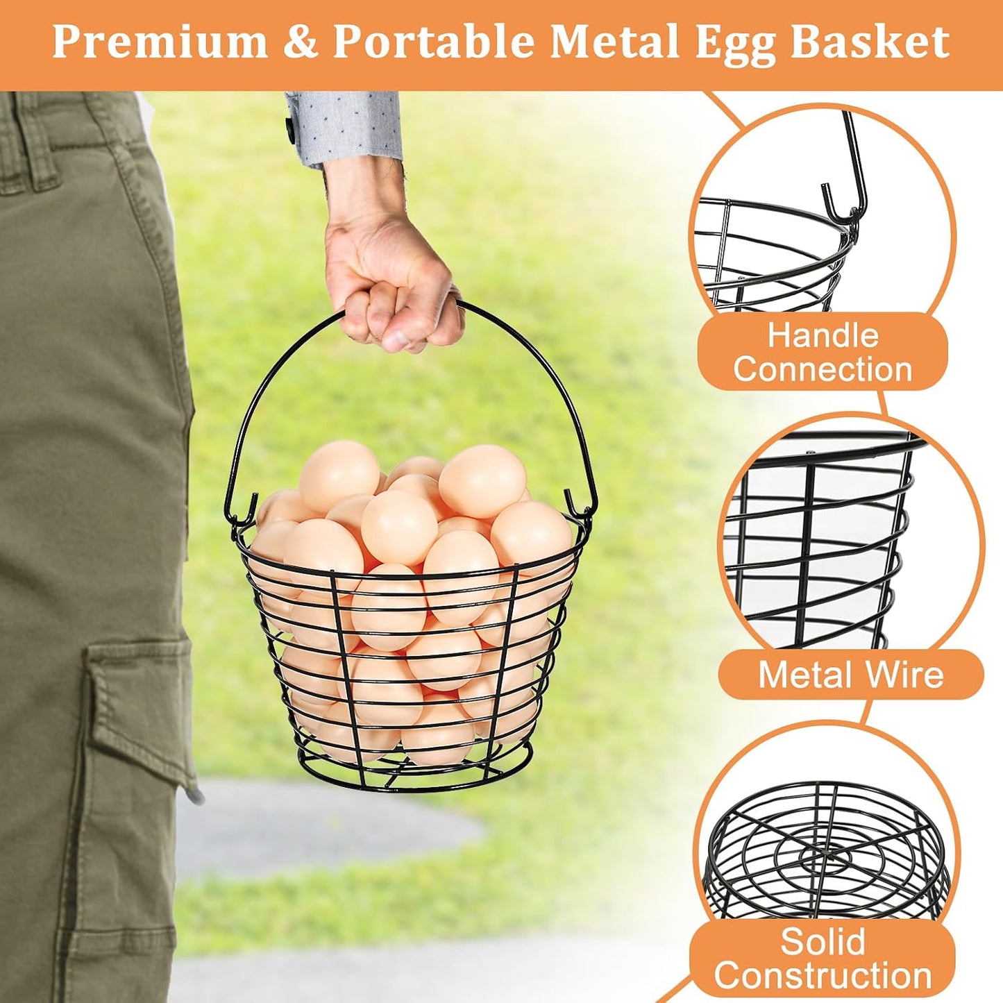 3 PCS 8" Black Round Wire Egg Baskets With Handle Egg Collecting Basket | Small Metal Egg Basket for Gathering Fresh Eggs, Chicken and Duck Eggs Hunting Basket Egg Holder Countertop