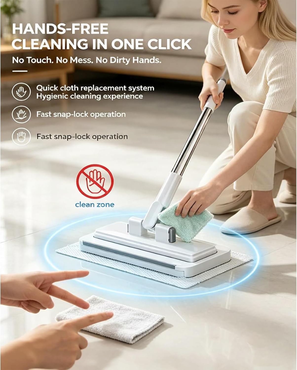 Gropething Mop, Hands-Free Multi-Purpose Flat Mop – Lazy Cleaning with Long Handle & Locking Head for Wall, Bathroom, Toilet, Corners, Multi-Surface Dusting with Disposable Cloths (Long:53in)