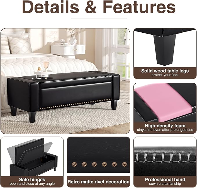 48.8" Storage Ottoman Bench Black | Faux Leather Bedroom Bench - Image 5