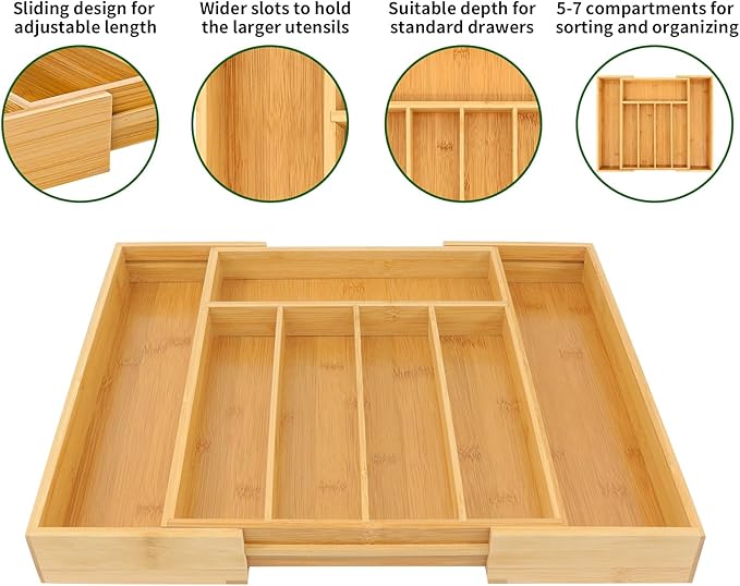 VaeFae Bamboo Drawer Organizer, Expandable Silverware Drawer Organizer - Image 4