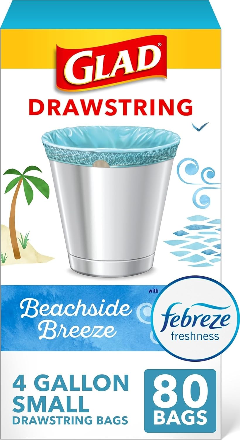 Glad Small Trash Bags, Great for Office, Bathrooms and Bedroom Bins, Beachside Breeze Scented Garbage Bags, Odor Resistant with Drawstring, Febreze Freshness, 4 Gallon Trash Bags, 80 Count
