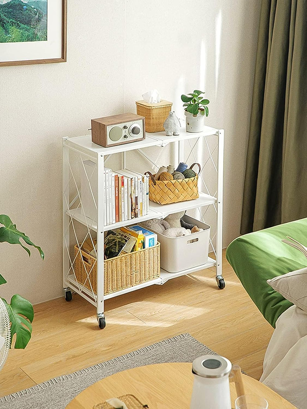 3-Tier Foldable Standing Shelf Units with Wheels, Industrial Style, Heavy Dut...