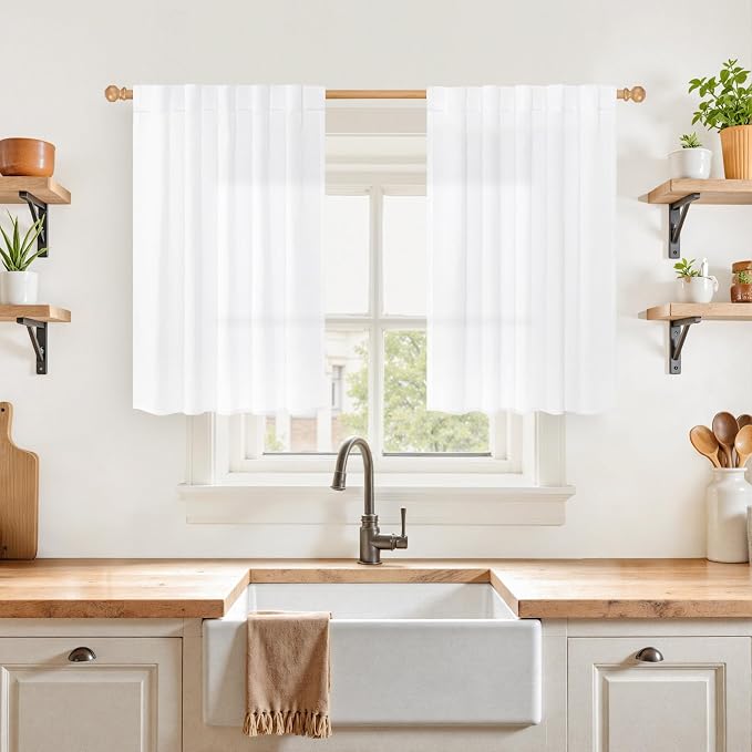 YoungsTex White Linen Cafe Curtains 36 Inch Length 2 Panels by YoungsTex