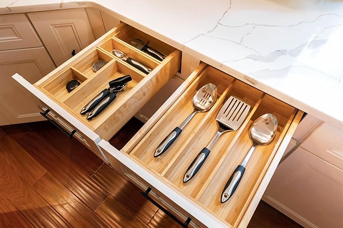 Umilife Bamboo Kitchen Utensils Organizer, 13 Inch Drawer Dividers - Image 5