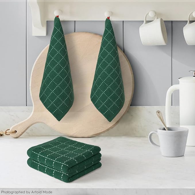 Artoid Mode Checkered Designed Cotton Green Terry Kitchen Dish Cloths, 12x12 - Image 2