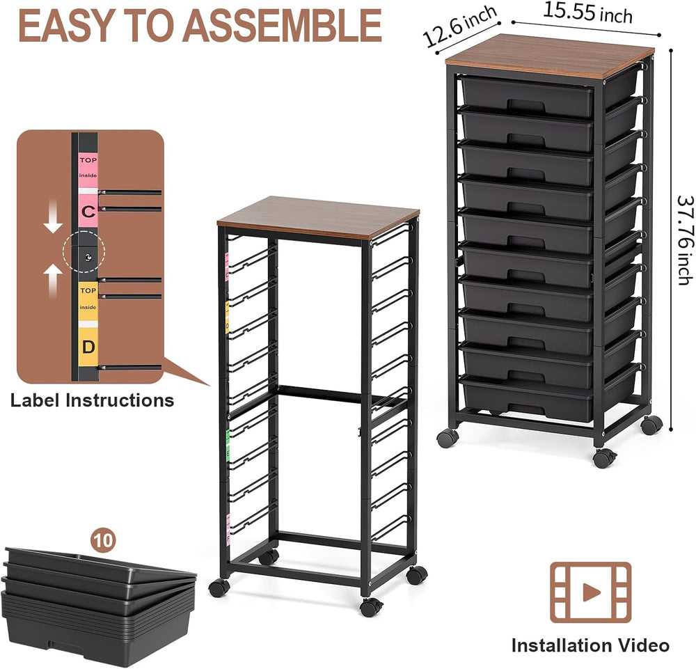 SYKIARIOL 10 Drawer Rolling Cart,Black