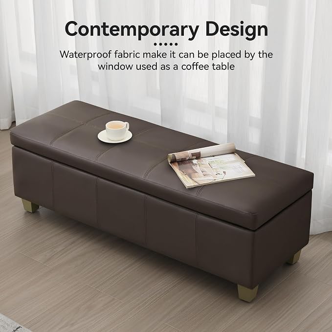 51" Faux Leather Storage Ottoman, Stitch Tufted Rectangle Upholstered En...