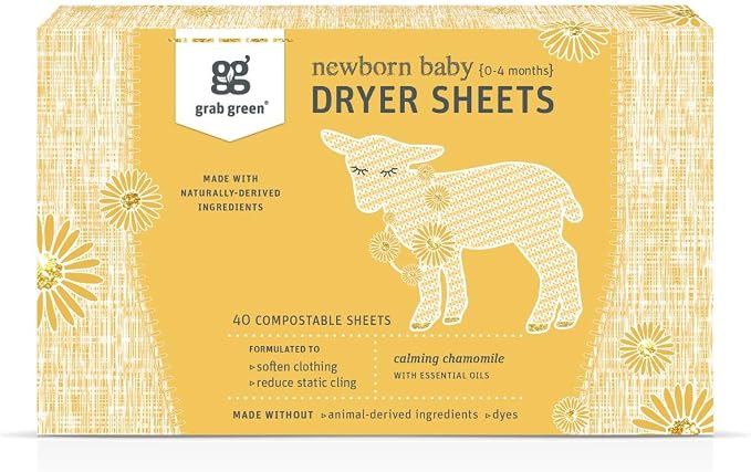 Grab Green Newborn Baby Dryer Sheets, 40 Sheets, Chamomile Scent, Plant and by GrabGreen