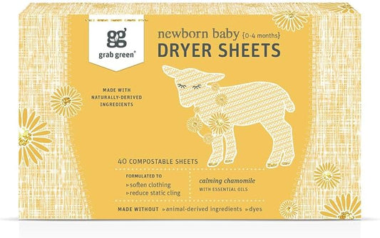 Grab Green Newborn Baby Dryer Sheets, 40 Sheets, Chamomile Scent, Plant and by GrabGreen