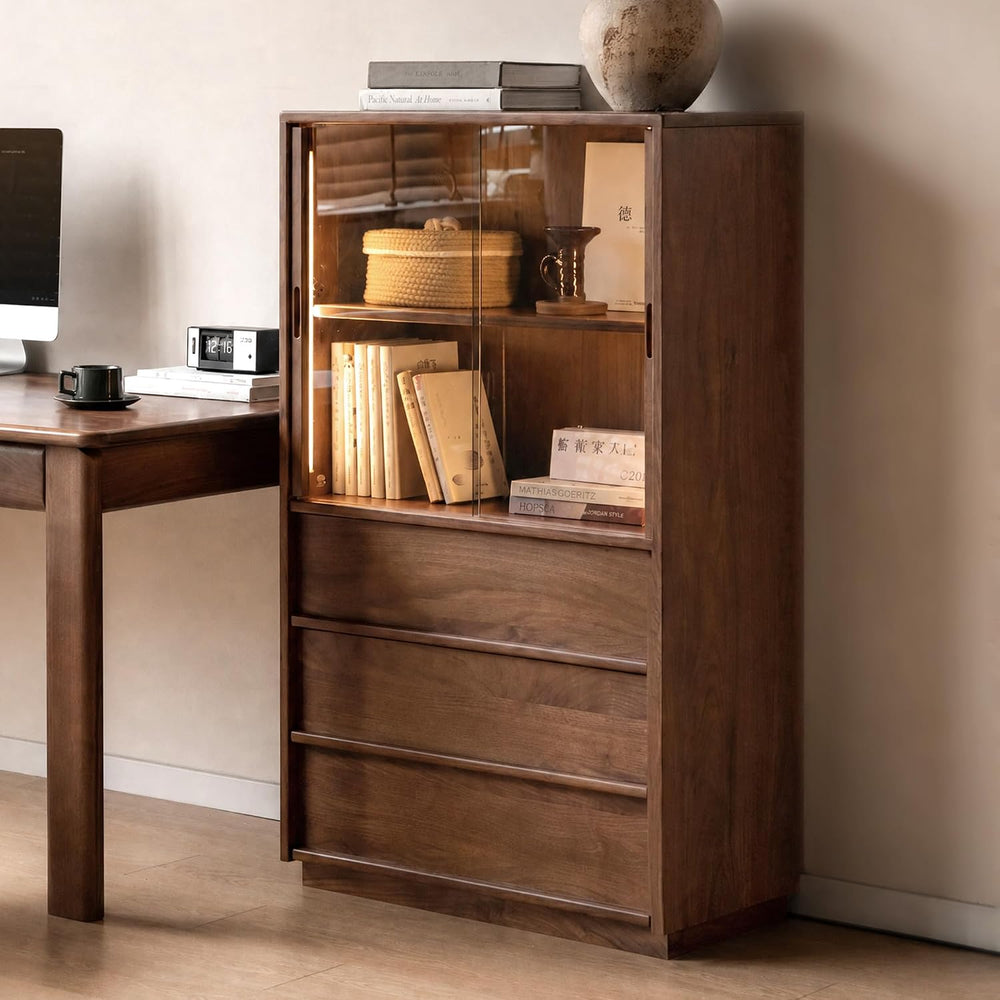 100% Solid Black Walnut Storage Cabinet with Dimmable LED, Glass Doors, Adjus...