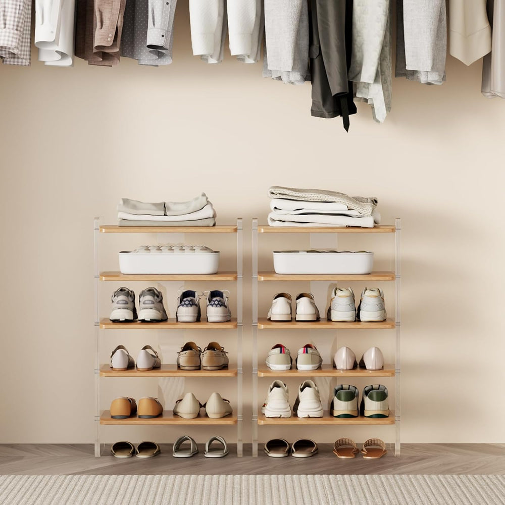 5-Tier Shoe Rack, Wood Acrylic Shoe Shelf, Natural, 18.9" W