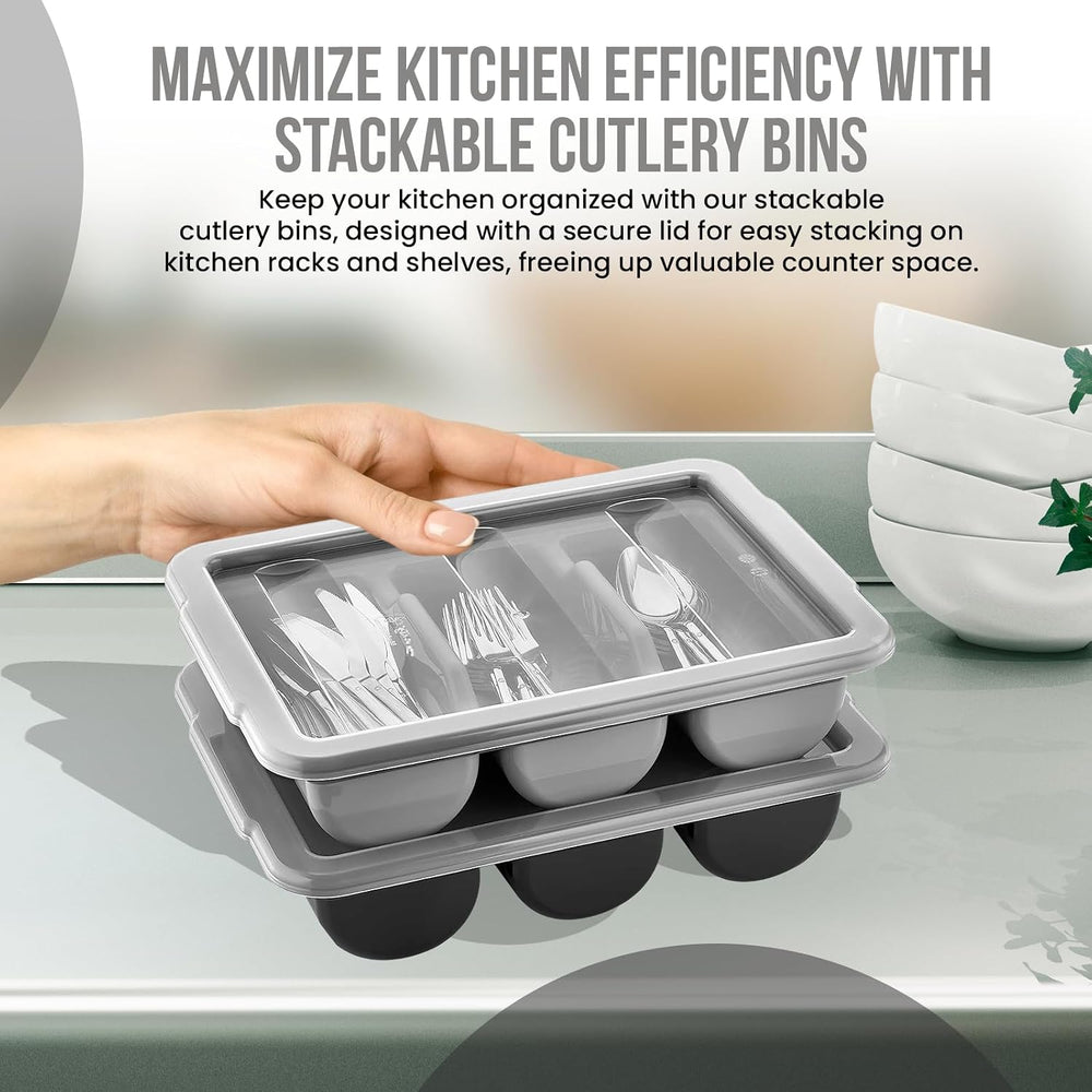 2 Pack - Cutlery Bin with Lid, Commercial 3-Compartment Flatware Tray with Co...
