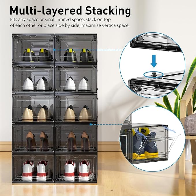 Mitees 10 Pack XX Large Thicken Sturdy Hard Plastic Clear Stackable Shoe - Image 3