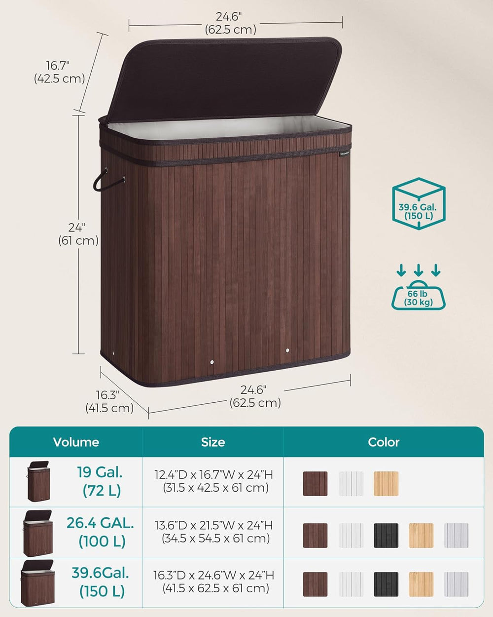 SONGMICS Bamboo Laundry Hamper with Lid, 39.6-Gallons, with Handles