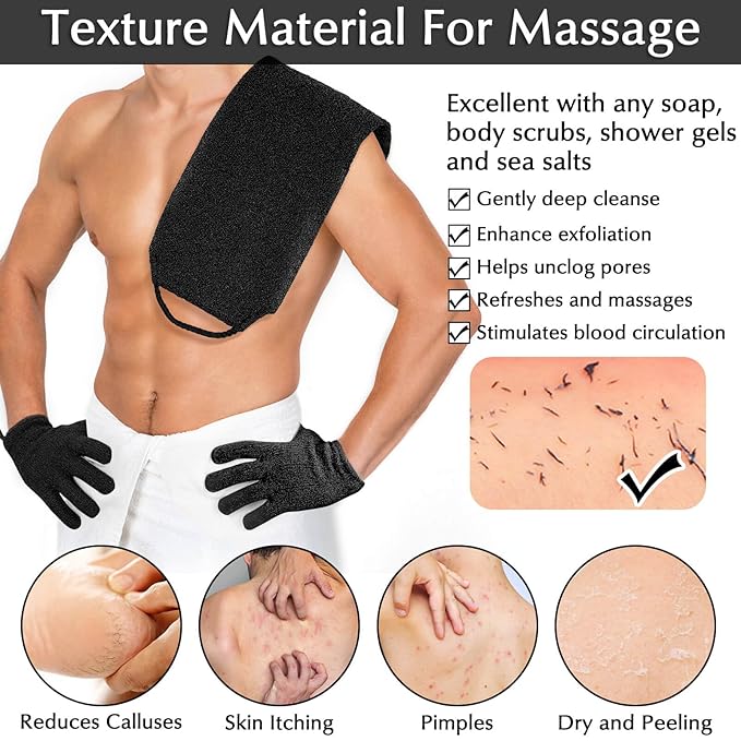 Anezus Exfoliating Back Scrubber Bath Gloves Set, Exfoliating Shower Towel - Image 6