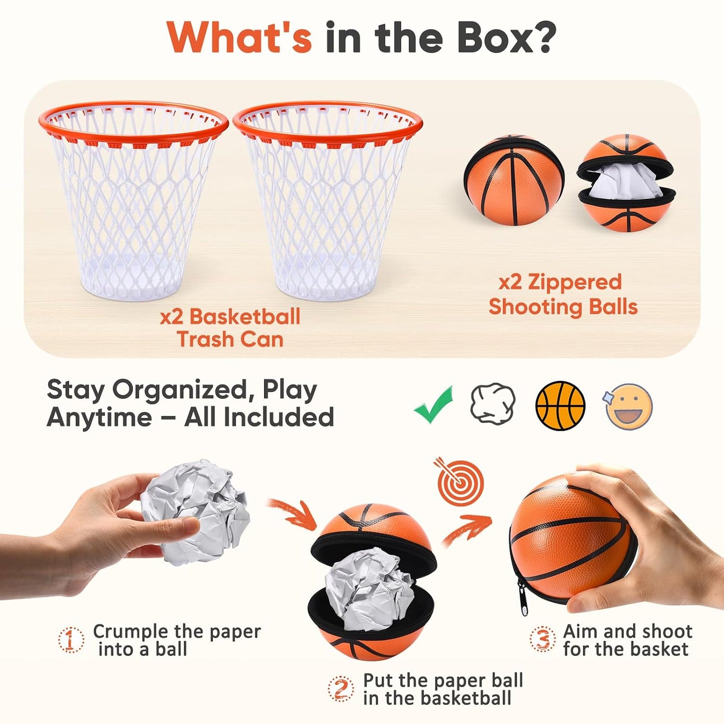 Set of 2 Basketball Trash Can - 2 Zippered Shooting Balls - Perfect Basketball Gift - Boys Room Decor - Easter basket for Dorm or Home Office - Kids Bedroom Wastebasket - Sport Party- Size 12"x12"x12"