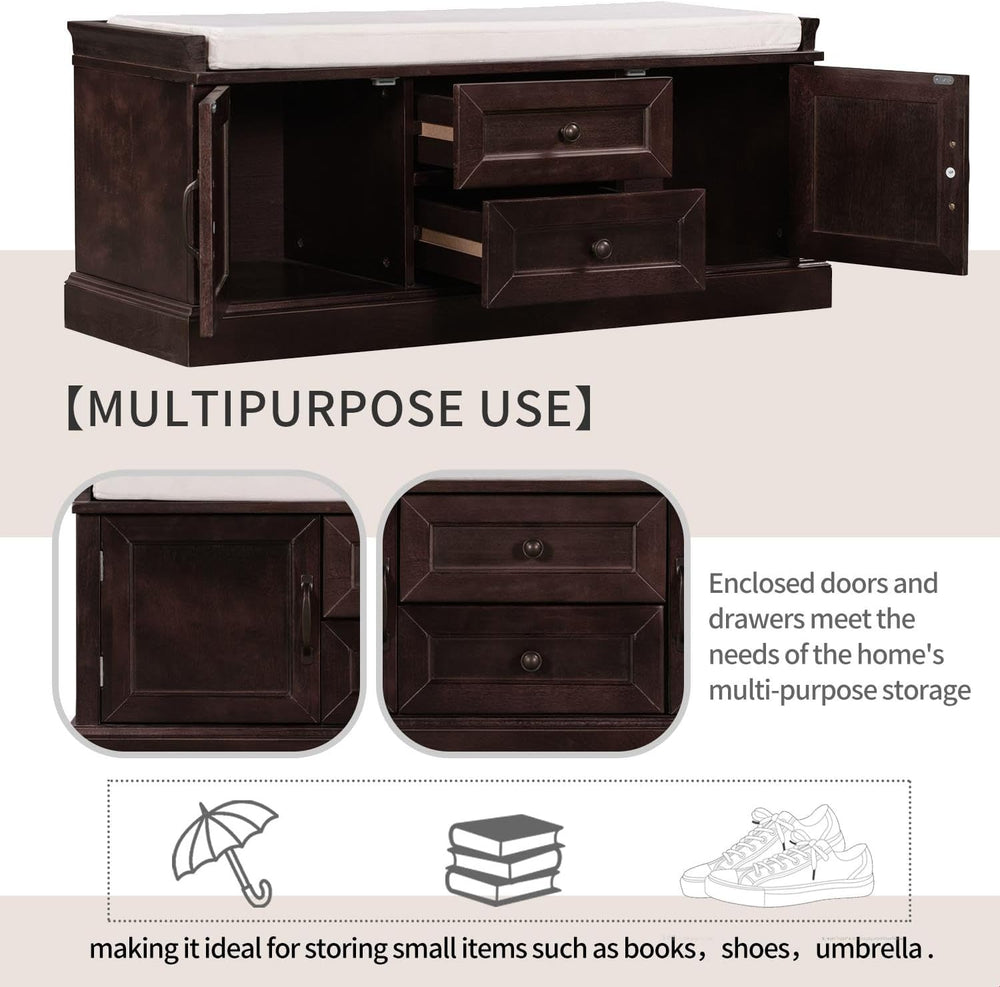 GDFStudio Rustic Storage Bench with 4 Doors 2 Draws Adjustable Shelves Remova...