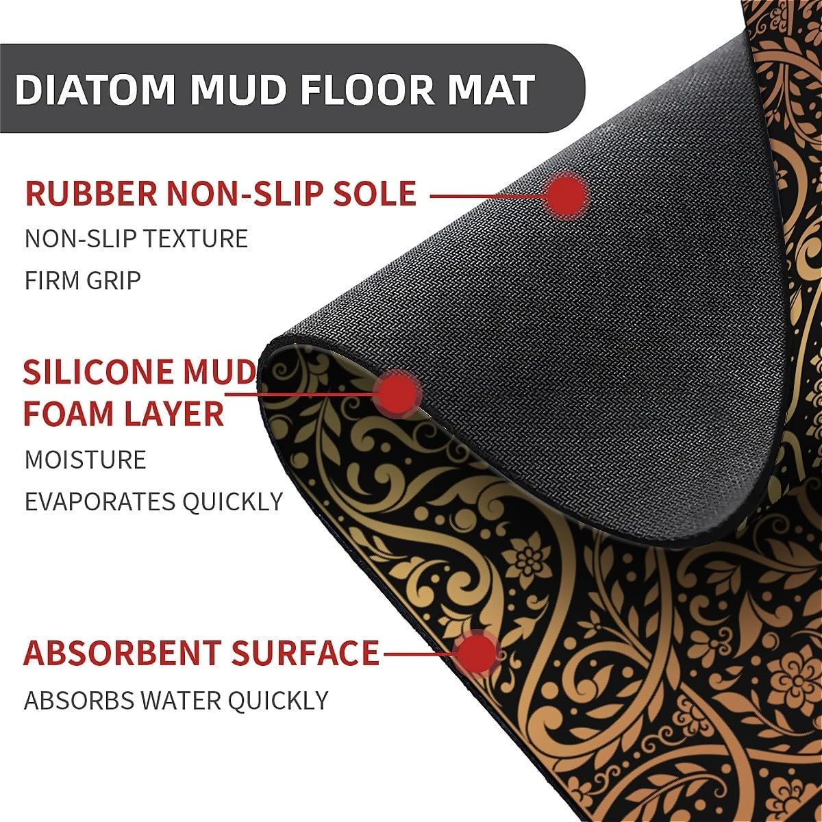 Bath Mat Rug,Black Gold Flower Non Slip Quick Dry Super Absorbent Thin Bathroom Rugs Fit Under Door-Easy to Clean Bathroom Floor Mats-Shower Rug for Shower Sink Bathtub(16" x 24"in)