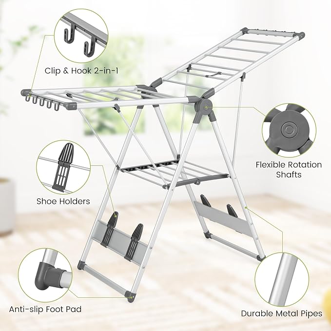 Giantex Clothes Drying Rack, 2-Layer Aluminum Foldable Laundry Drying Rack - Image 6