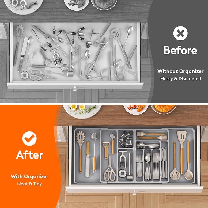Lifewit Large Silverware Drawer Organizer, Plastic Cooking Utensil Tray - Image 7
