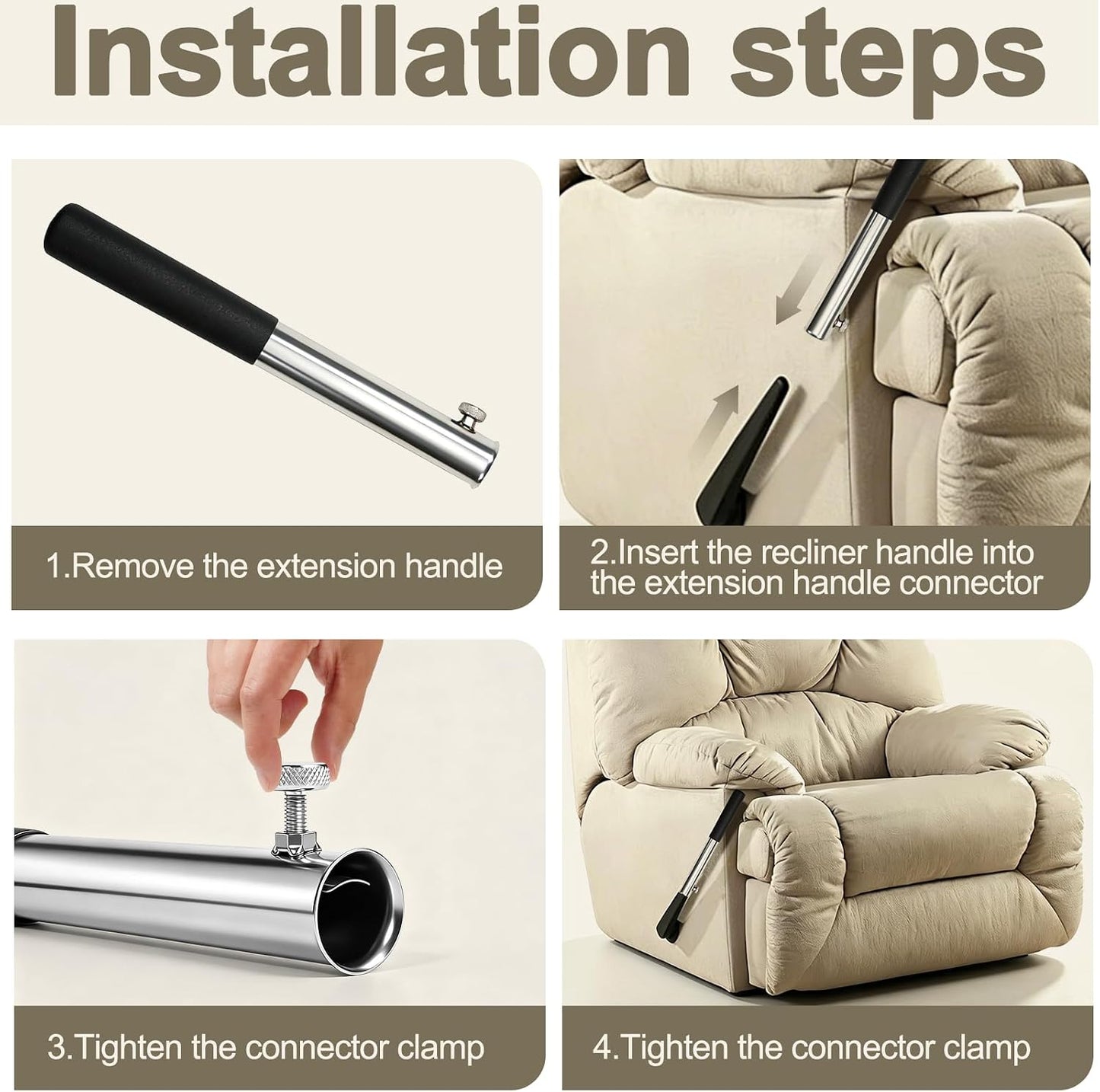 1Pcs Metal Recliner Handle Extender, Anti-Slip Foam Grip with Twist Locking Clamp, Universal Recliner Replacement Parts for Most Manual Recliners, Sofa Lounge Chairs(Black)
