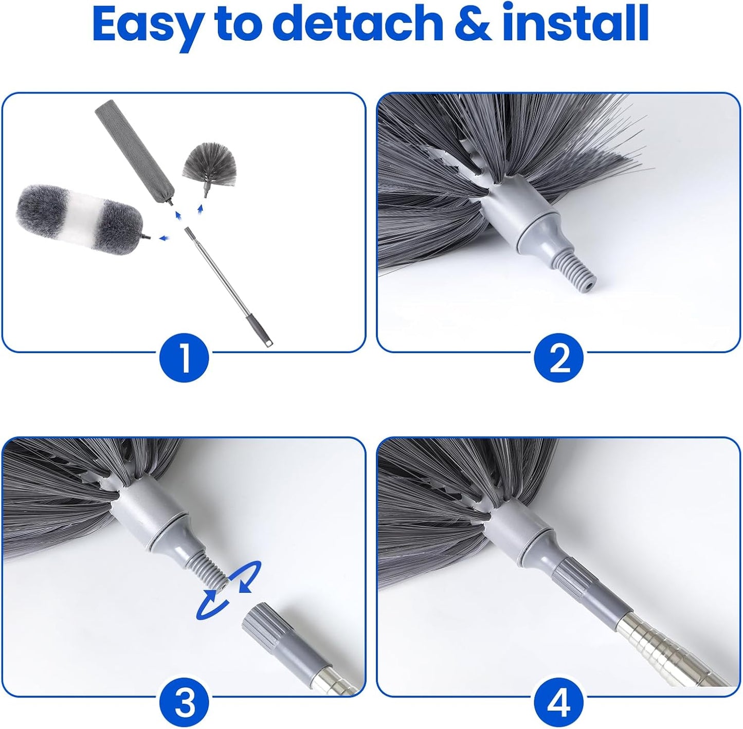 Extra-Long Dusters Kits with Extension Pole, Cobweb Duster, Microfiber Dusting Clothes for Gap, 5 in 1 Cleaning Tools with Extendable Long Handle, Blinds, High Ceilings and Fans, Cars and Furniture