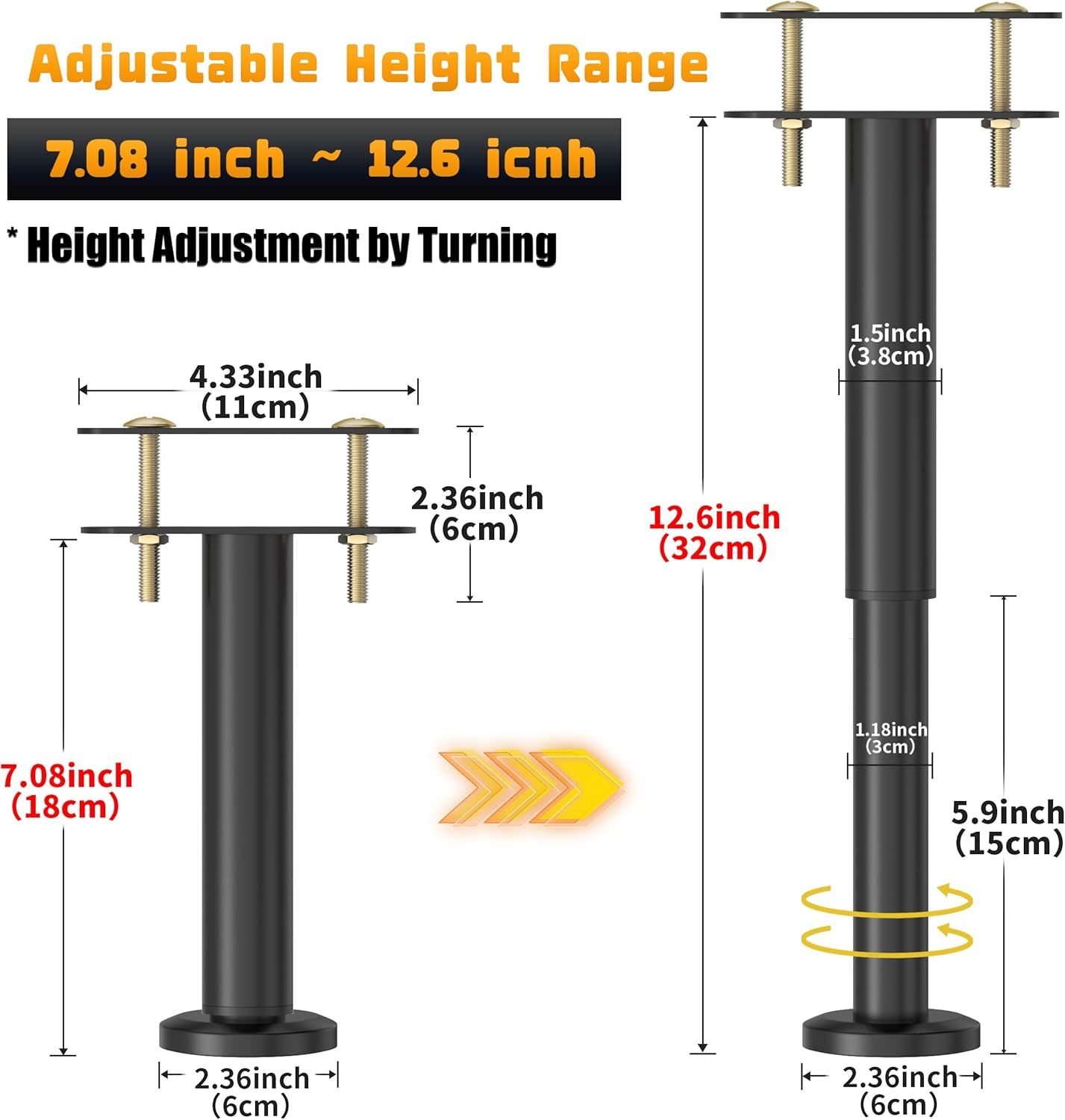 Wlrrcwdttc 4 Pcs Adjustable Height Bed Support Legs 7.08-12.6 inch, Bed Frame Center Support Legs for Bed Frame/Bed Center Slat/Furniture, Heavy Duty Metal Bed Replacement Legs Bed Slats Support Legs