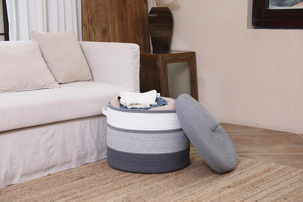 20x15 Inch Extra Large Round Cotton Rope Storage Basket with Lid, Decorative ...