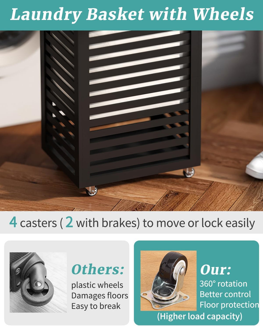Laundry Basket with Wheels, Rolling Laundry Hamper, Bamboo Wood Laundry Cart ...