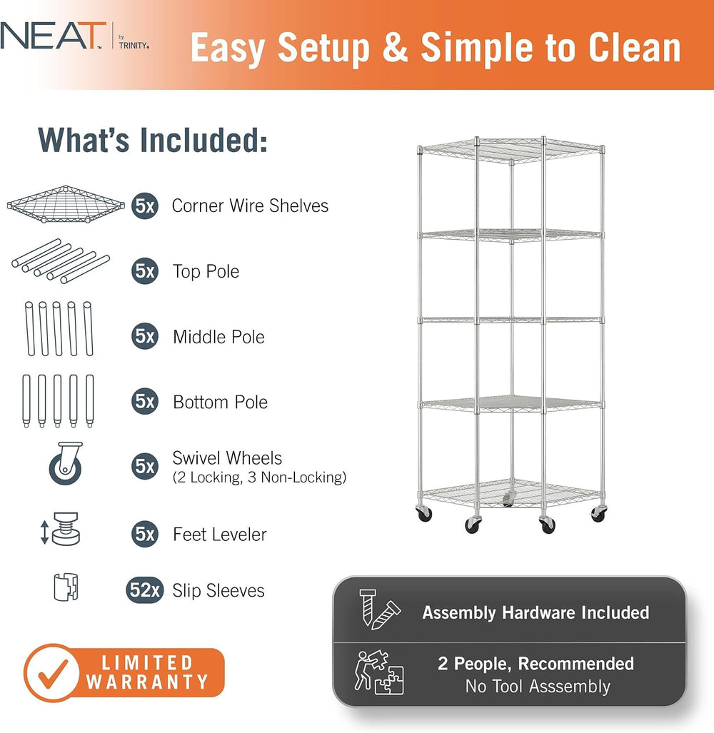 5-Tier Adjustable Wire Shelving with Wheels, Corner Wire Shelf Rack for Kitch...