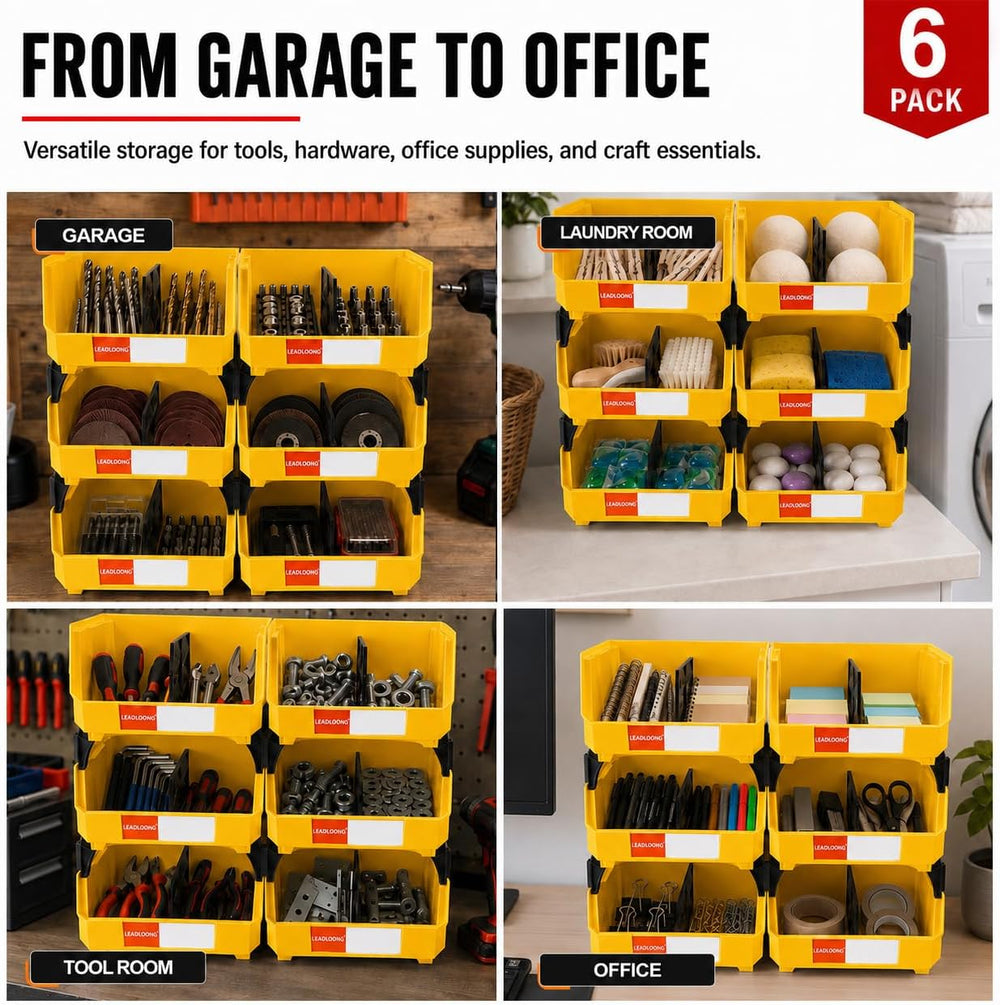 6 Pack Stackable Storage Bins Heavy Duty Parts Organizer Yellow
