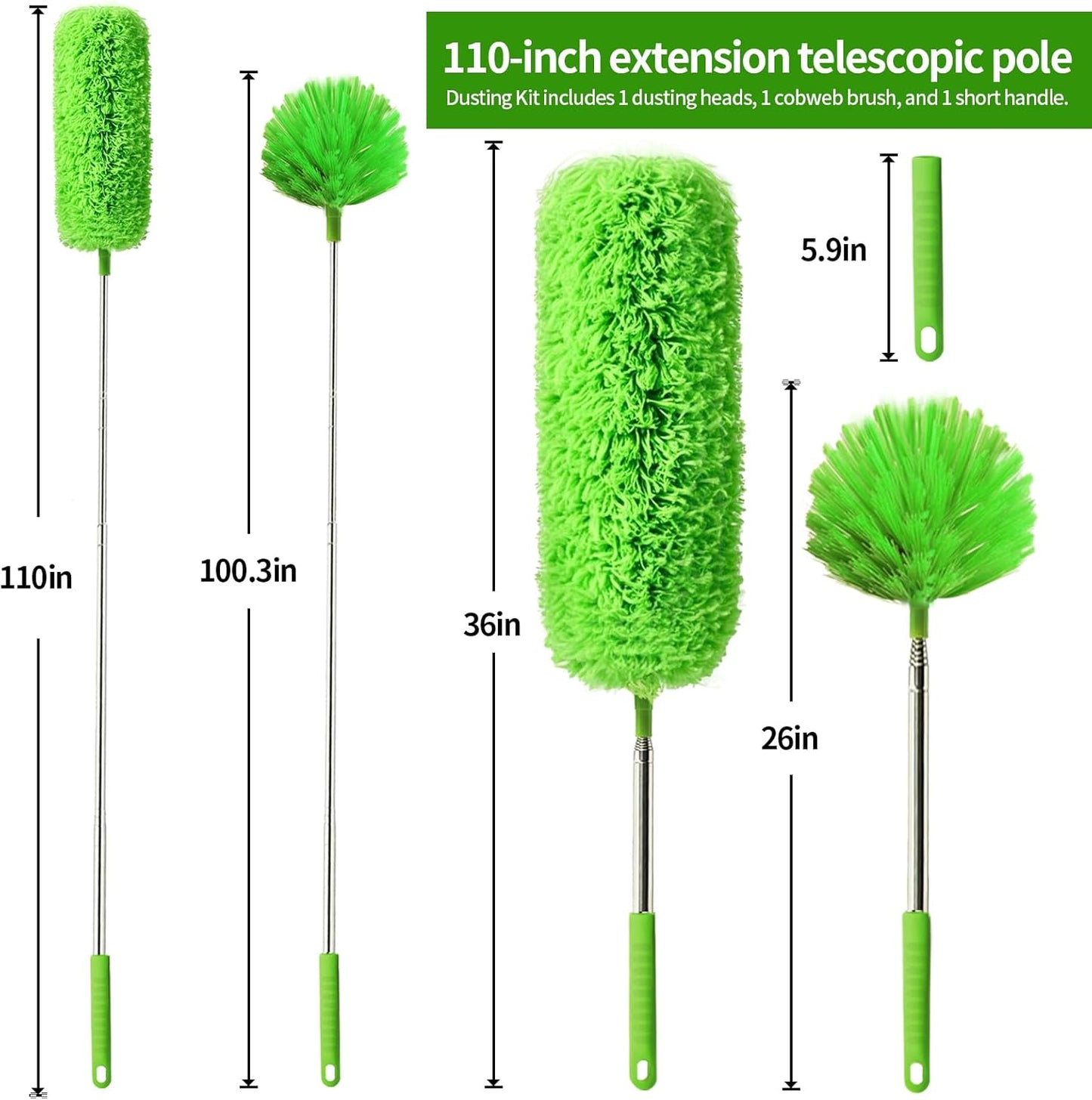 Cobweb Duster with Extension Pole, Washable Cleaning Duster Set with 2 Duster Heads, Corner Brush, 15-110-Inch Telescoping Pole for high Ceiling Fans, Long Duster for high Ceilings，Spider Web Brush