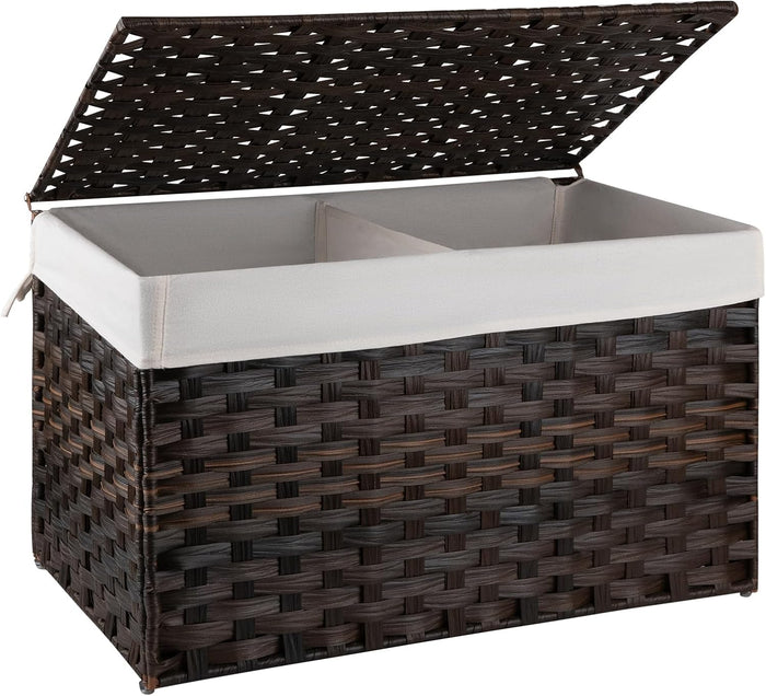 OIAHOMY Storage Basket with Lid, 27.7 Gallon (105L) Blanket Basket with Removable Liner Bag, Synthetic Wicker Hamper with Handle, Large Hamper for Bedroom, Brown