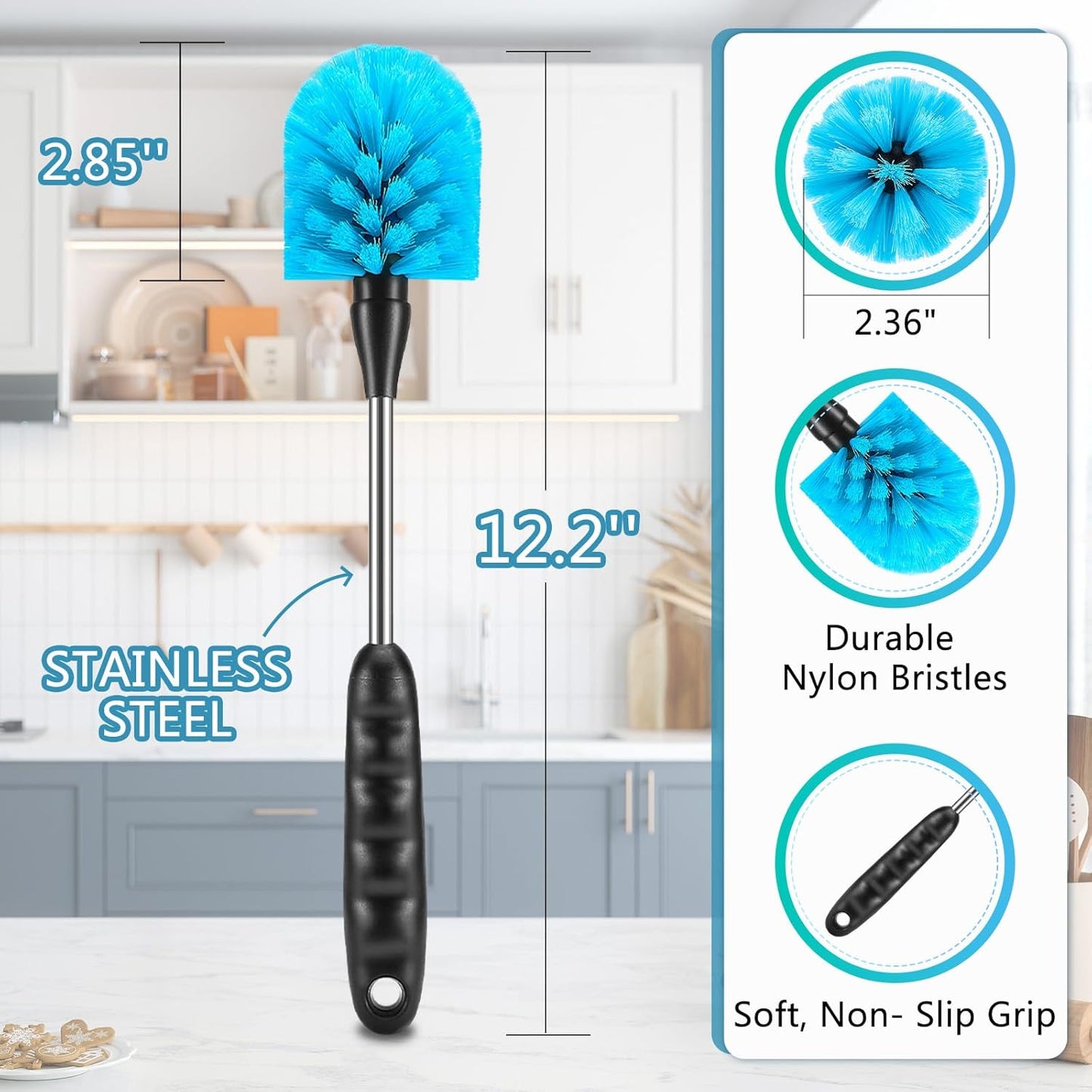 12.2 inch Bottle Brush Set of Three，Washable Coffee Cups, Water Bottles, Baby Bottles, Straws, to-go Cups, Long-Handled 3-in-1 Stainless Steel Bottle Brushes. (Blue)