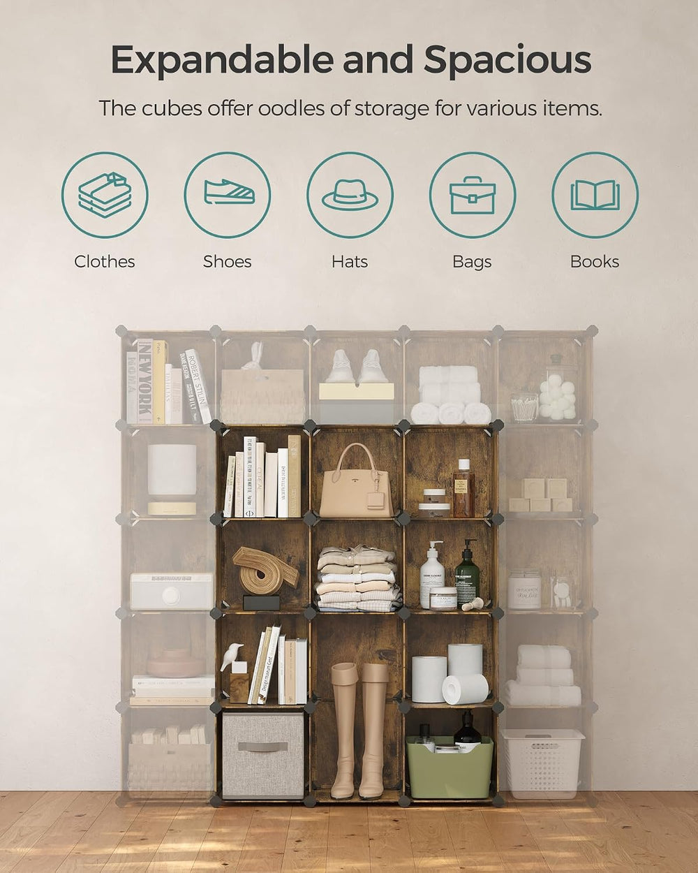 SONGMICS 16 Cube Storage Organizer，Plastic stackable cube shelf