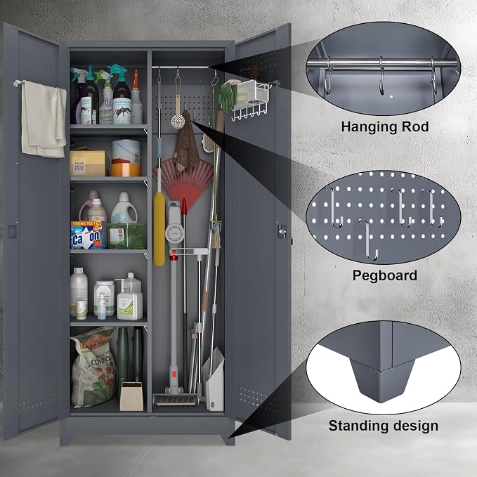 Metal Tool Storage Cabinet, Broom Closet
