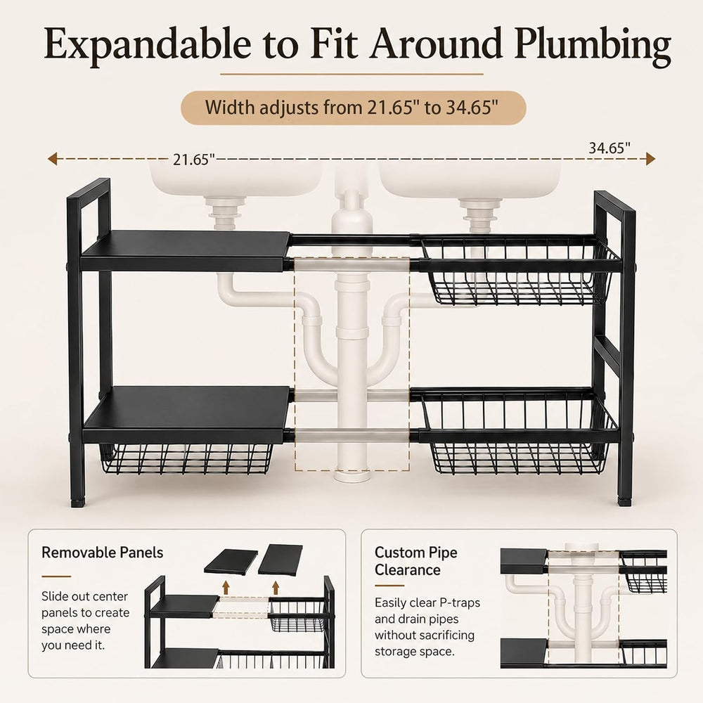 Expandable Under Sink Organizer, 2 Tier Under Sink Shelf, Height Adjustment, ...