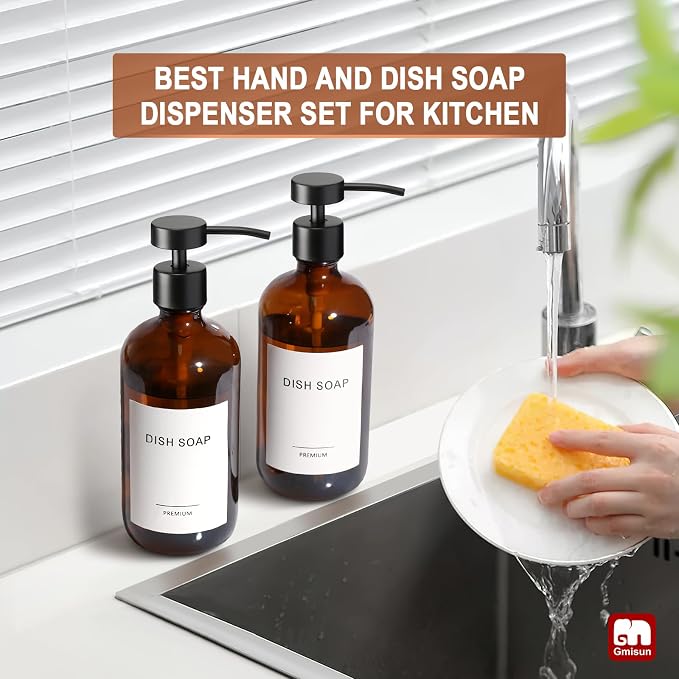 GMISUN Amber Glass Soap Dispenser, 2 Pack Bathroom Hand Soap Dispensers - Image 6