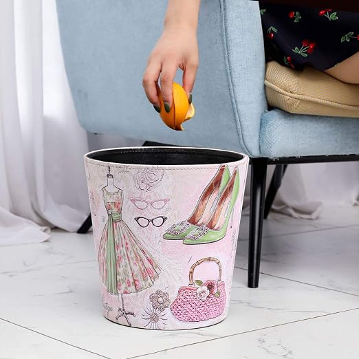 PU Leather Small Trash Can Wastebasket, Round Garbage Container Basket - Image 4